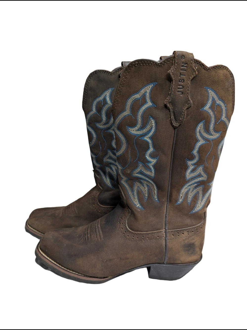 Justin Women's Brandy Western Boots Square Toe  Blue Stitching Size 8.5